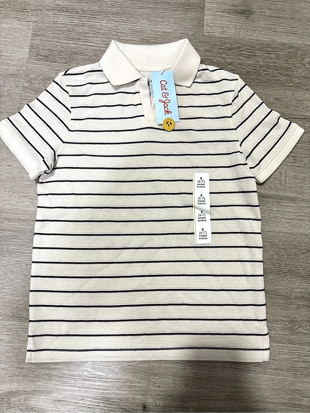 Cat & Jack Boys' Short Sleeve Pique Striped Polo Shirt White & Blue Size 5